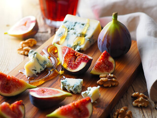 Blue Cheese, Figs, Walnuts and Honey on Wooden Board with Red Wine