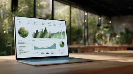 Laptop Displaying Business Analytics and Financial Data on a Wooden Desk with Garden Background