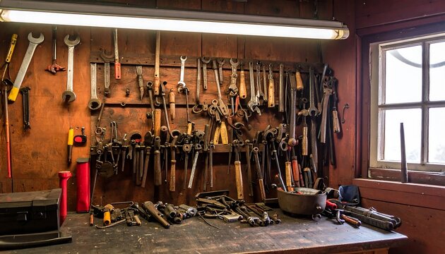 Rustic workshop with vintage hand tools on display