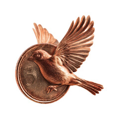 Flying bird coin concept artistic display dynamic viewpoint isolated on transparent background, png