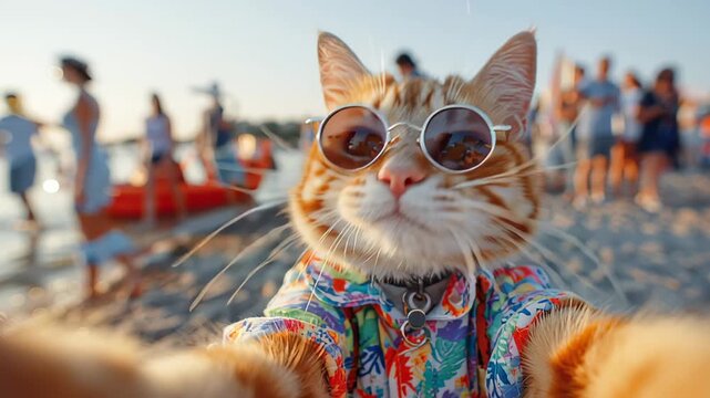 A cool cat wearing sunglasses and a colorful Hawaiian shirt takes a selfie on a sunny beach, with a blurred group of people in the background.