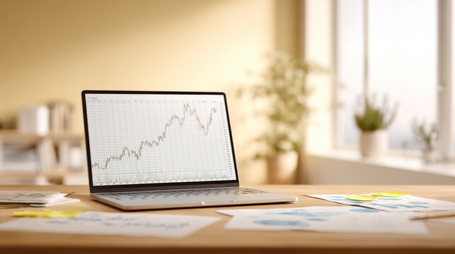 Laptop displaying stock market graph on desk with financial documents, representing investment and trading strategies