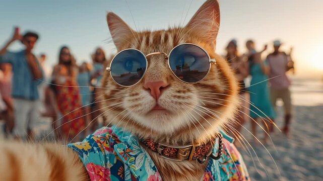 A cat is taking a selfie at a beach party. The animal is wearing sunglasses and a hawaiian shirt while a crowd of people is visible in the background.