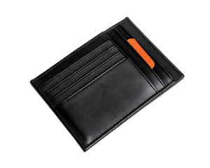 Leather cardholder with orange card isolated on a transparent background