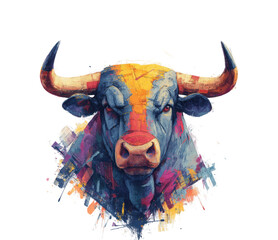 Dynamic bull digital vibrant colors view concept isolated on transparent background, png