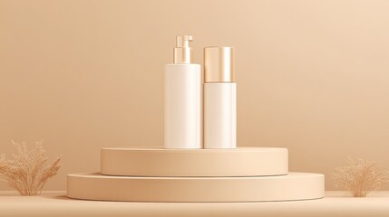 Elegant Cosmetic Product Display: White Bottles on Podium with Neutral Background for Skincare Mockups