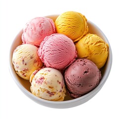 Assorted ice cream scoops in a white bowl
