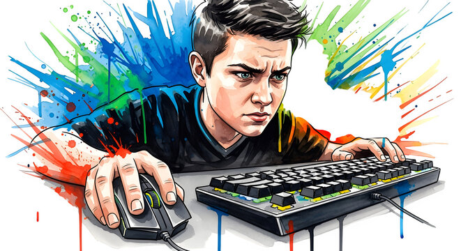 Intense young gamer focused on virtual competition with colorful splashes