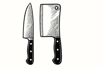 Kitchen Tools Illustration of a Chef's Knife and Meat Cleaver 