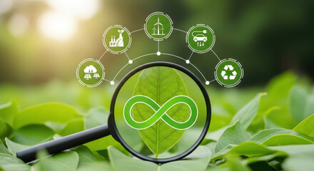 Sustainable Circular Economy and Environmental Responsibility A Magnifying Glass Focusing on a Leaf with a Recycling Symbol Representing Eco-Friendly Practices