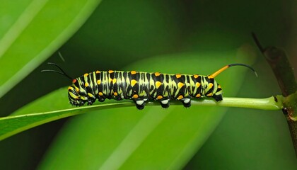 A vibrant caterpillar, adorned with bold black, yellow, and white patterns, gracefully crawls along a slender green leaf.