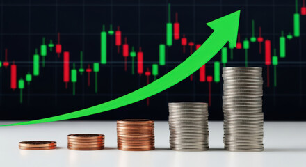 Financial Growth and Investment Strategy with Stacked Coins and Upward Trend Chart for Economic Success and Business Development in Modern Market