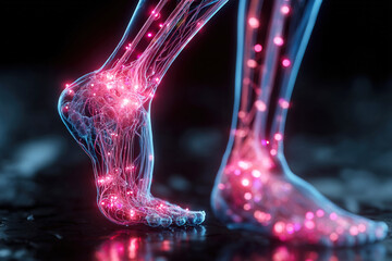 Illuminated knee joints and neon skeletal structure depicting pain relief in the human body