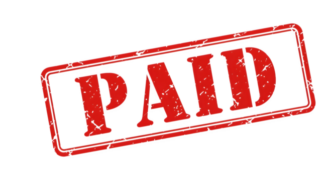 Red rubber stamp with the word PAID imprinted on a white background