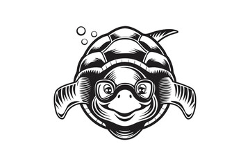 Cartoon Sea Turtle with Glasses Swimming Bubbles White Background