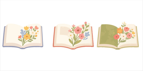 Art of three open books with floral designs