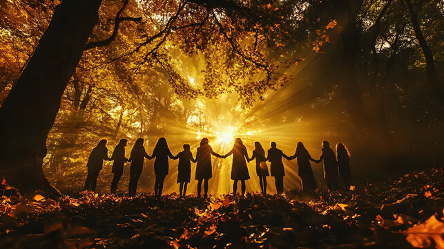 A Thanksgiving prayer circle in nature, with people holding hands in a forest surrounded by autumn leaves and sunlight shining through the trees.A Thanksgiving prayer circle in nature, with people hol