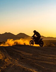 Silhouette of motocross rider at sunset