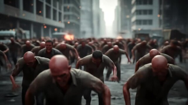 A large group of bald humanoid zombie-like creatures aggressively running through a city street filled with tall buildings and fog
