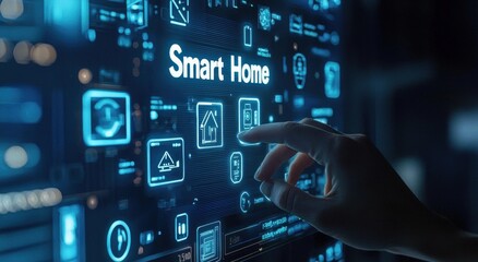 Hand interacting with smart home interface icons on digital screen