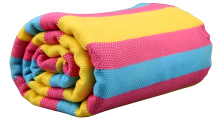 Folded striped towels in pink, yellow, and blue colors, representing softness, cleanliness, and comfort in home textiles.