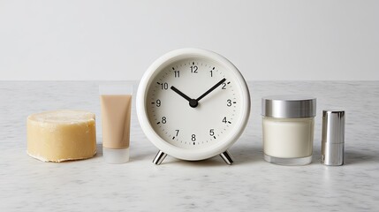 Minimalist Alarm Clock with Skincare Products and Natural Soap on Marble Surface