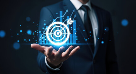 Business Target Achievement Concept A Hand Holds a Glowing Target with Arrows and Upward Trending Graphs Representing Success and Growth in a Corporate Setting