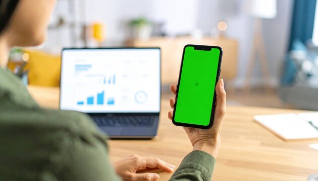 Modern workspace Person holds a green screen smartphone with laptop showing business analytics in the background, focusing on digital productivity and data management