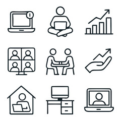 Collection of simple line icons depicting remote work and collaboration.
