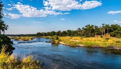 Obraz premium A river winds through a savanna landscape under a vibrant blue sky.