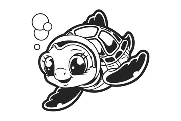Cartoon Turtle with Big Eyes, Swimming and Bubbles, on White Background