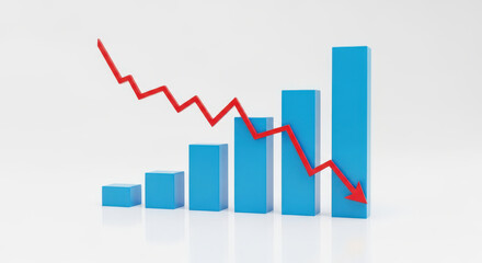Economic Downturn and Financial Crisis Concept with Decreasing Bar Graph and Red Arrow Pointing Downward Representing Market Decline and Investment Losses