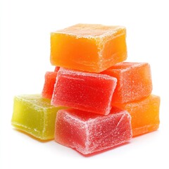 Colorful stacked cubes of fruit-flavored jelly candies against a white background