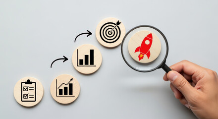 Strategic Business Growth Plan with Checklist, Target, Charts, and Rocket Launch Icon Representing Startup Success and Achievement of Goals Through Effective Planning