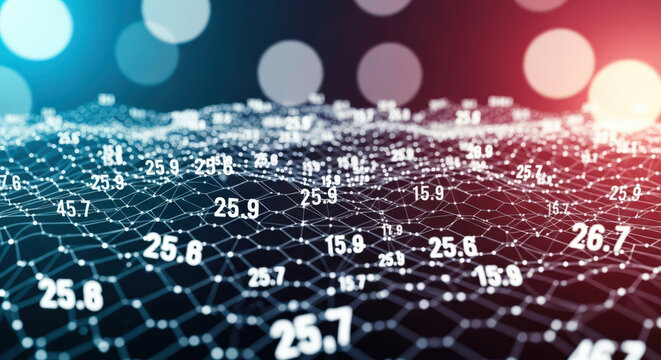 Abstract Data Visualization Network with Connected Dots and Numerical Values Representing Data Analysis and Insights for Business Intelligence and Technology - Powered by Adobe