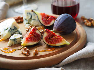 Blue Cheese, Figs, Walnuts and Honey on Wooden Board with Red Wine