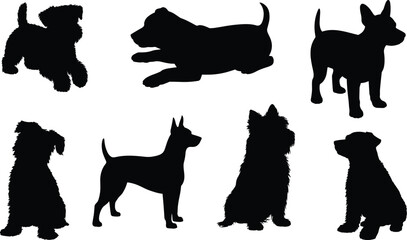 Silhouettes of various dog breeds in dynamic poses, black canine vector set for pet design, animal graphics, educational and veterinary content