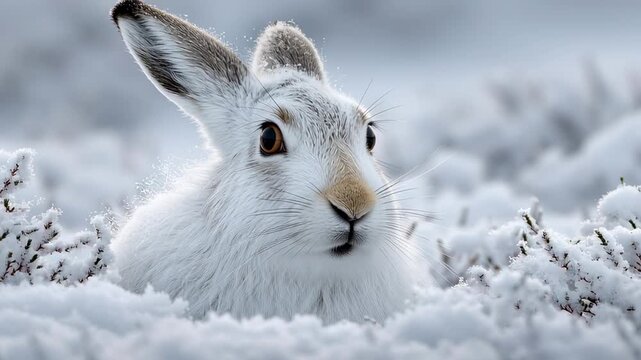 A cute, white mountain hare with warm brown eyes and long ears sits peacefully in a blanket of fresh snow, representing the beauty and resilience of nature and wildlife.