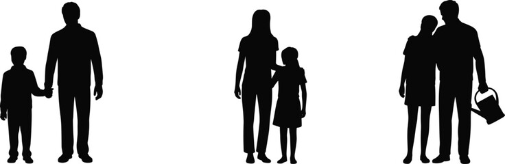 Silhouette of adult and child pairs in various parenting poses, family bonding, caregiving, nurturing relationships, fatherhood, motherhood, childhood development, vector illustration