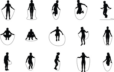 Jump rope silhouette vector set, fitness workout poses, athletic training movements, cardio exercise illustrations, black figures in action, sports activity icons