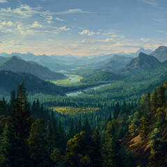Verdant Mountain Valley Landscape Painting with Blue Sky