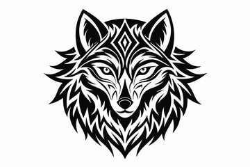 Intricate Wolf Head with Bold Line Art on White Background