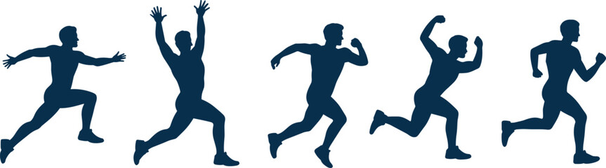Obraz premium Silhouettes of athlete in dynamic sprinting and jumping motion, human movement sequence, sports biomechanics, running poses, fitness training, vector illustration