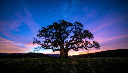 A majestic oak tree stands silhouetted against a vibrant twilight sky dotted with stars, showcasing the beauty of nature's grand design.