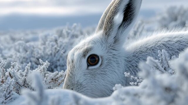 A close-up of a white hare nestled in a snow-covered field with frosted bushes, showing its brown eye and long ears in a tranquil winter environment.