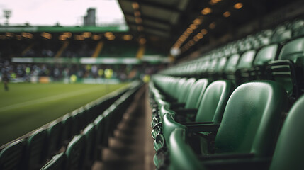 Obraz premium green seats in the stands of football stadium, a grassy field and green background