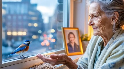 A kind elderly woman with a gentle smile hand-feeds a small blue bird from her city apartment windowsill - Powered by Adobe