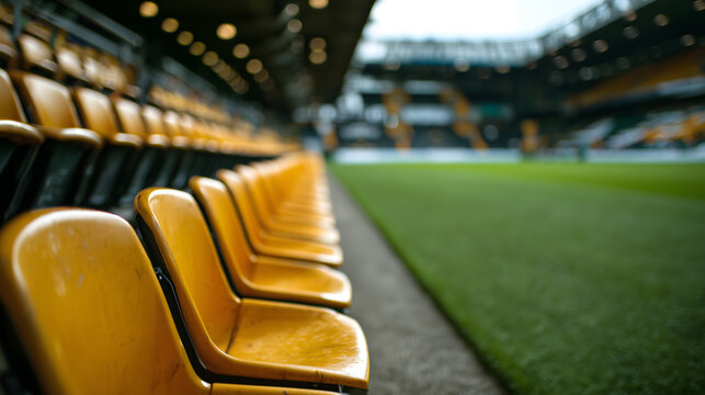 yellow seats in the stands at football stadium, blurred background