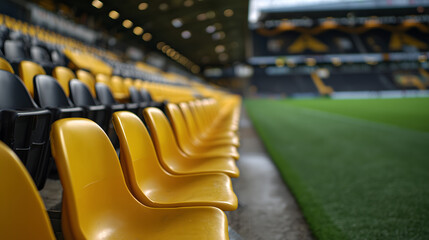 Obraz premium yellow seats in the stands at football stadium, blurred background