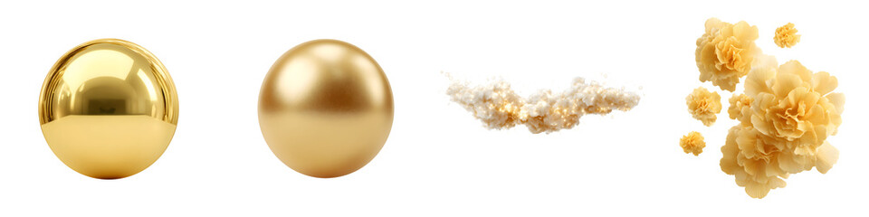 Golden Elements: Spheres, Clouds, and Flowers on White Background - Luxury and Elegance